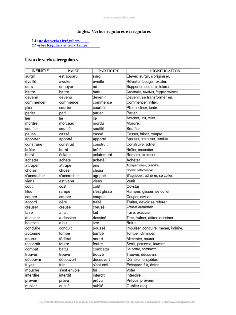Liste de verbes anglais réguliers et irréguliers | PDF