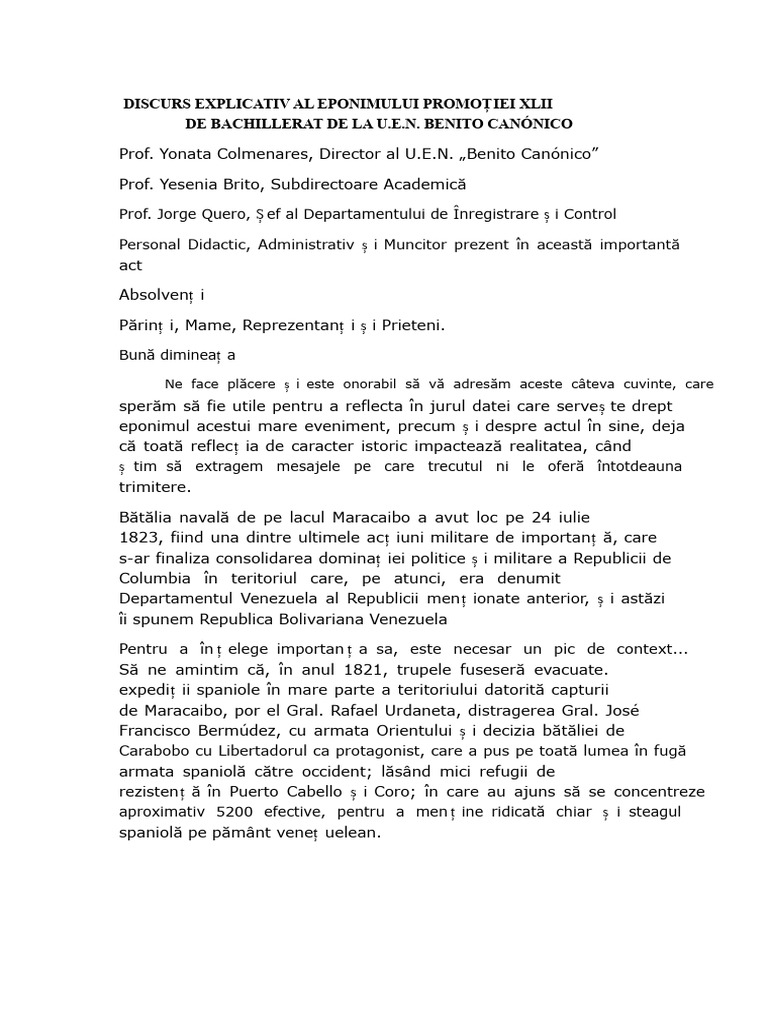 Discurt Explicativ Al Eponimului Pentru A Xlii-A Promoție de Bachelori ...
