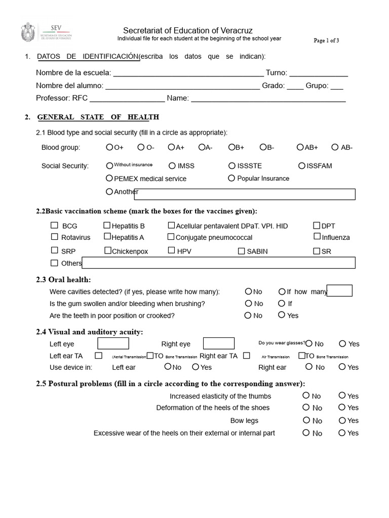 Student Health and Profile Form | PDF | Cardiovascular Diseases ...