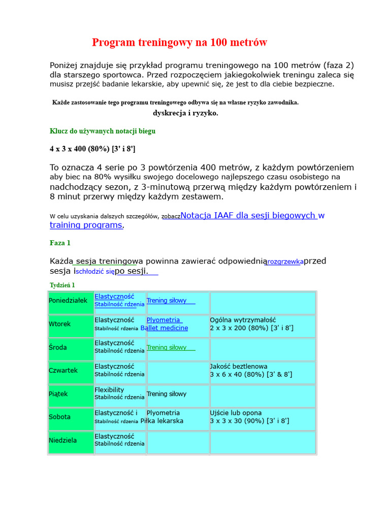 Program Treningowy Na 100 Metrów | PDF