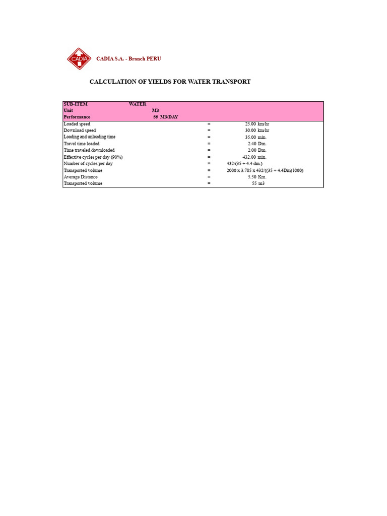 Water Transport Yield Calculations | PDF
