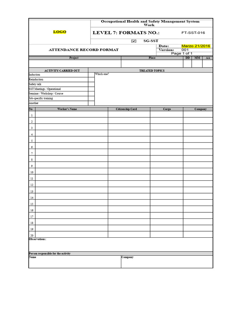 Attendance Record for Safety Training | PDF