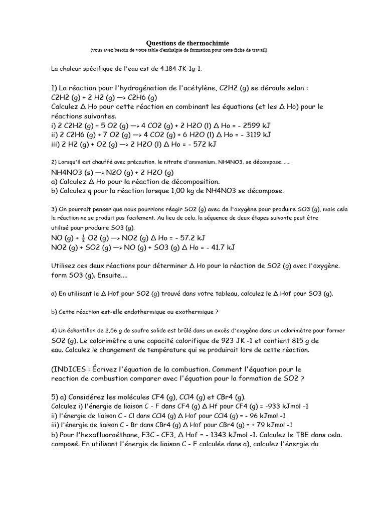 Calculs de thermochimie et réactions chimiques | PDF | Réactions ...
