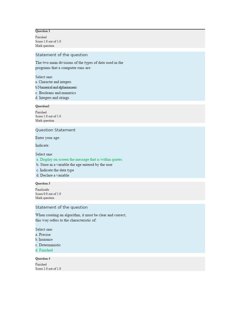 Questionnaire on Algorithm Concepts | PDF | Data Type | Algorithms