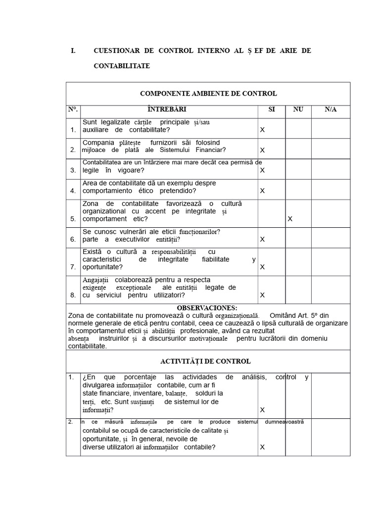 Chestionar de Control Intern Pentru Șeful de Domeniu Contabilitate Și ...