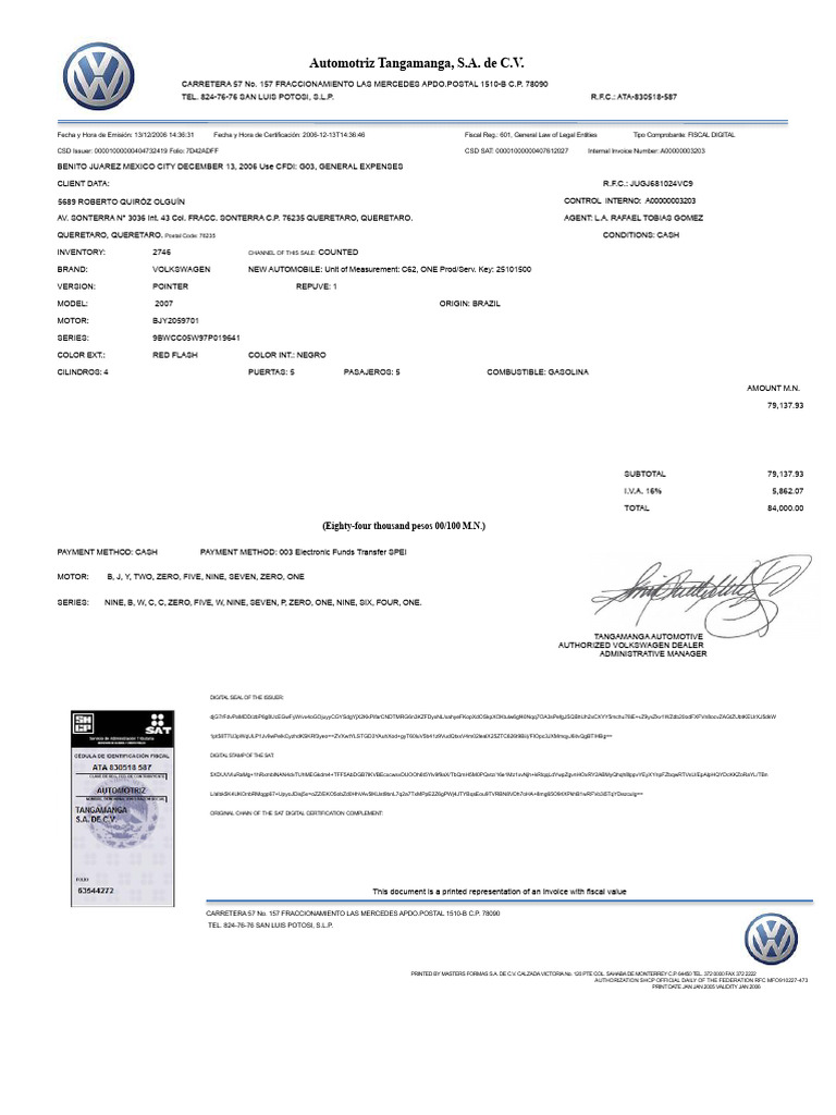 Invoice for Volkswagen Purchase 2006 | PDF