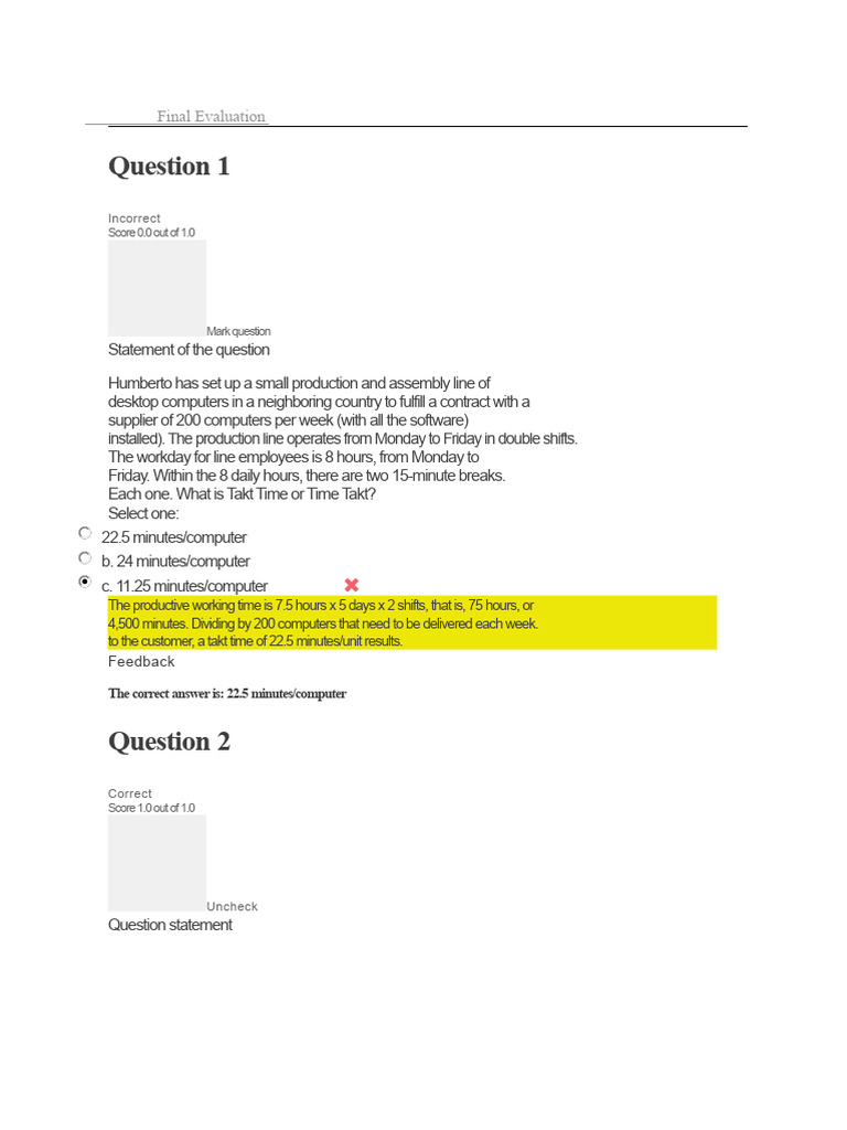 Takt Time and ISO 9001 Evaluation Quiz | PDF | Standard Deviation ...