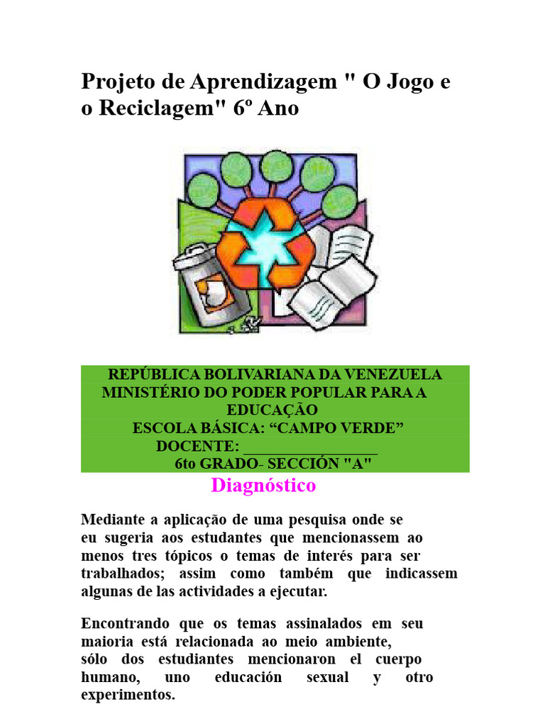 Jogo e Reciclagem: Projeto Educacional | PDF | Reciclagem | Aprendizado