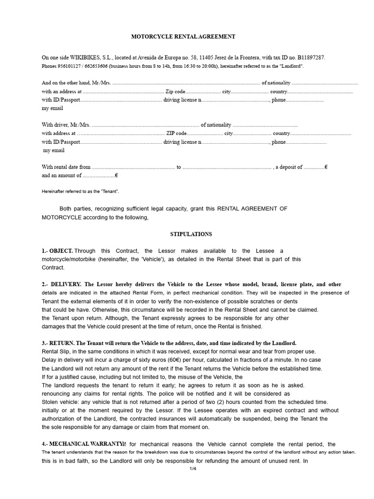 Motorcycle Rental Agreement Template | PDF | Lease | Landlord