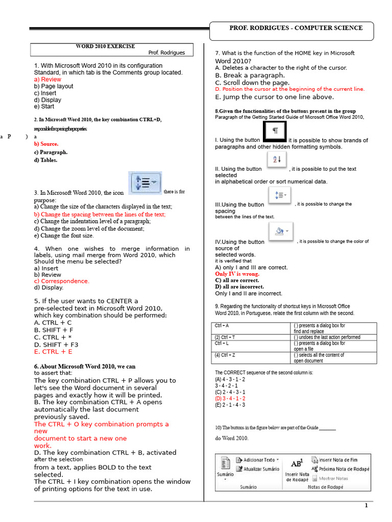 Exercise Word 2010 Answer | PDF | Microsoft Word | Keyboard Shortcut