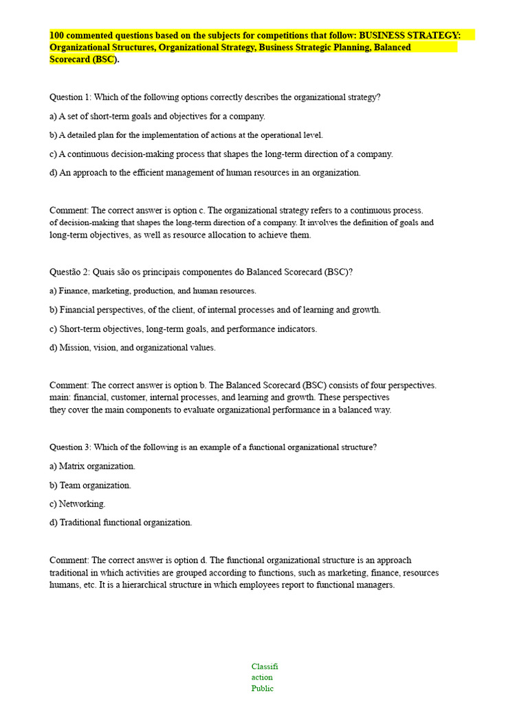 Business Strategy Quiz Questions | PDF | Strategic Management ...