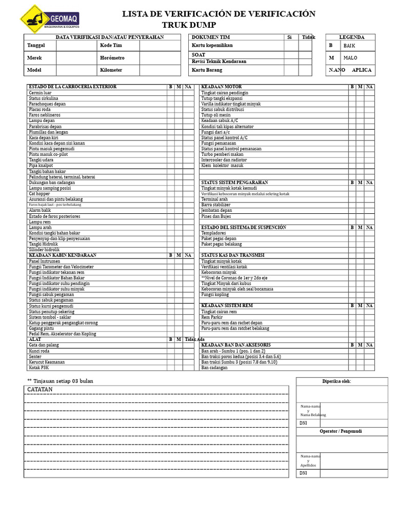 Checklist Verifikasi Truk Dump | PDF