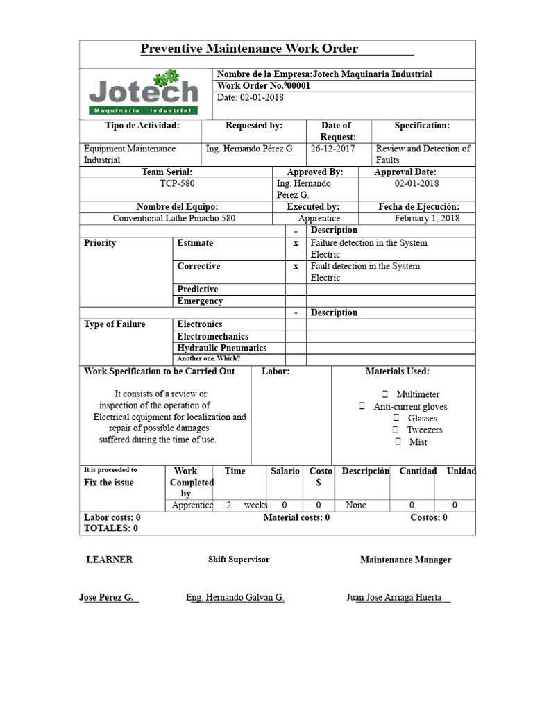 Preventive Maintenance Work Order 00001 | PDF | Mechanical Engineering