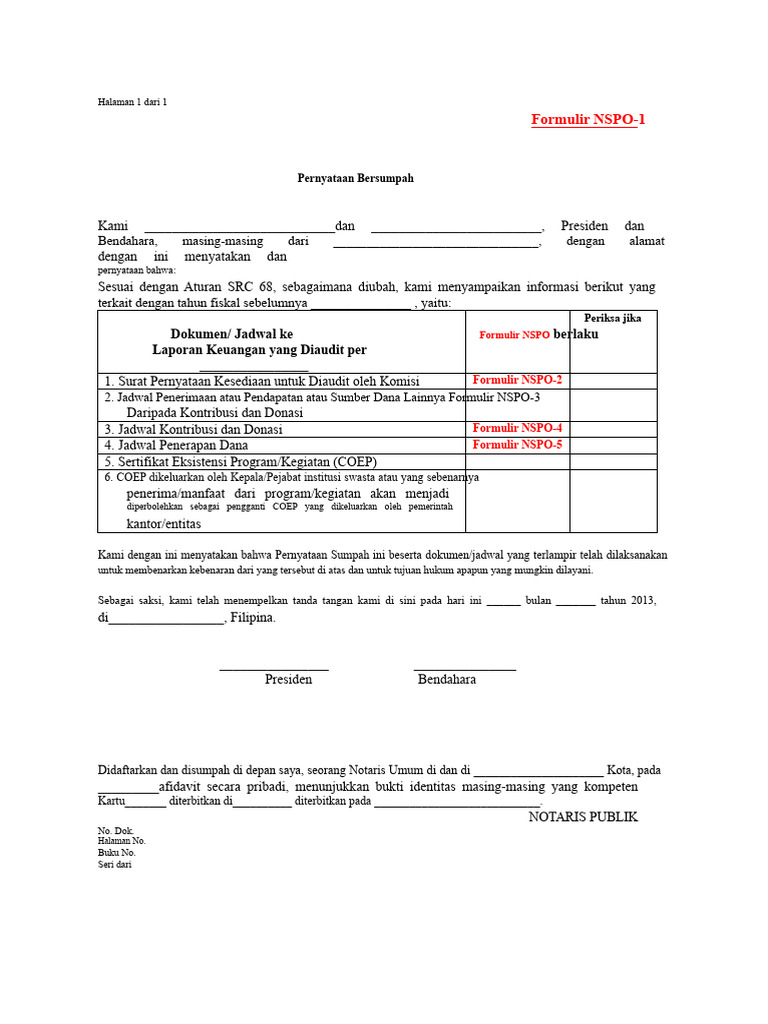 Formulir NSPO dan Pernyataan Audit | PDF
