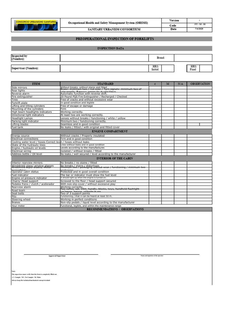 Pre-Operational Forklift Inspection Format | PDF | Forklift | Headlamp