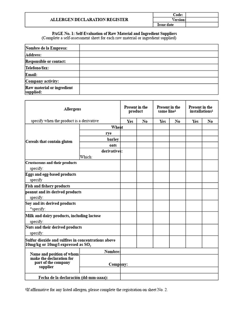 Allergen Declaration and Management Form | PDF | Allergen | Sulfur Dioxide