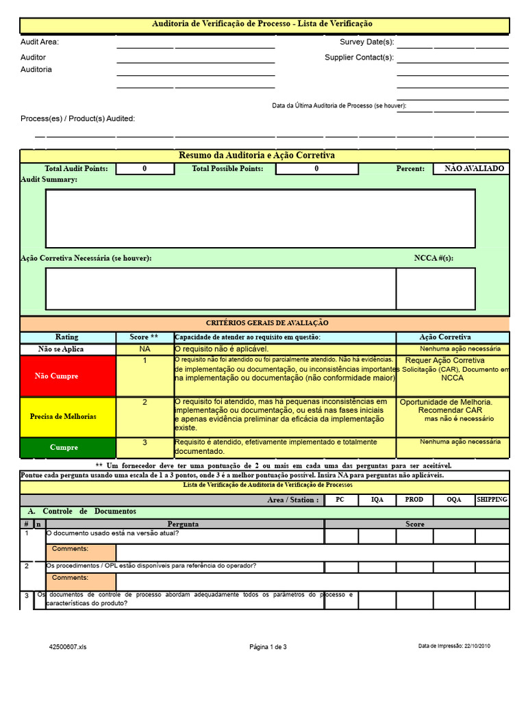 Lista de Verificação de Auditoria de Processo | PDF | Ferramentas