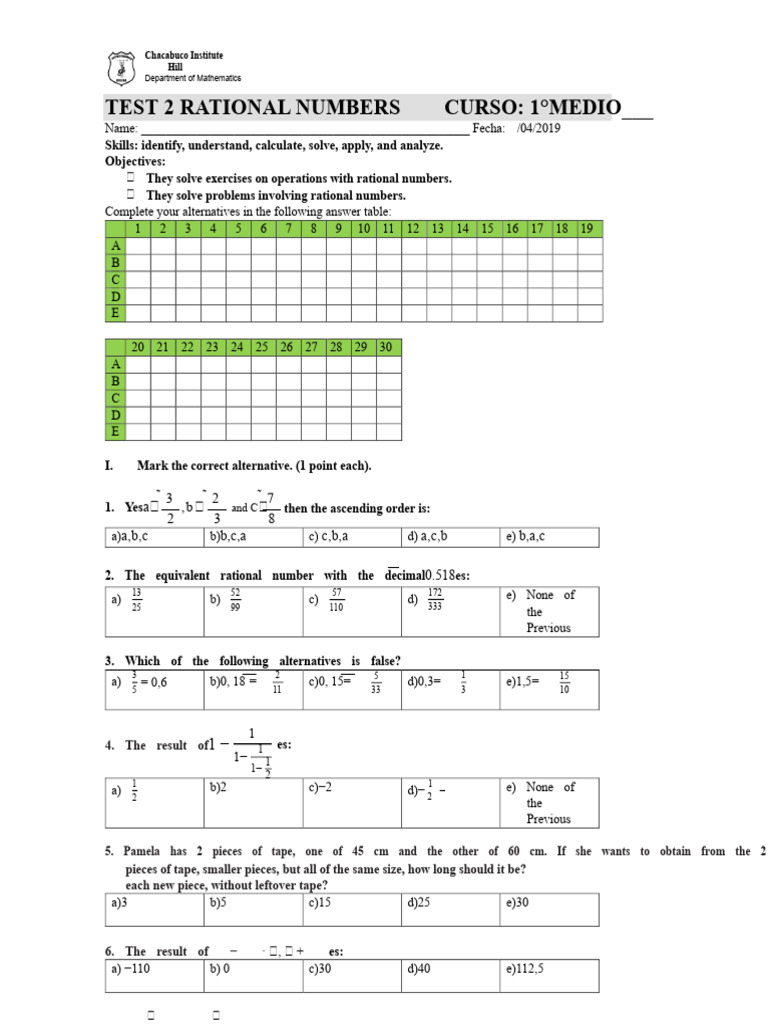 Test Rational Numbers | PDF | Numbers | Decimal