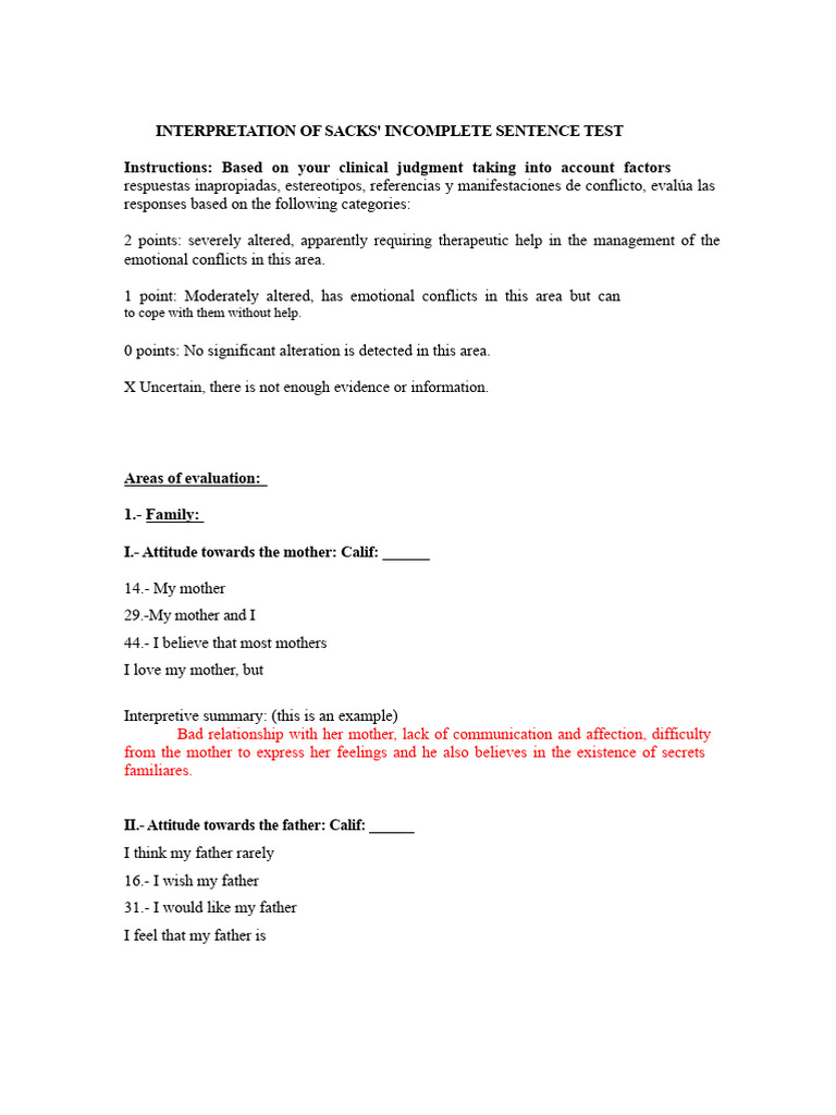 Sacks' Incomplete Sentence Test Guide | PDF | Psychology | Human ...