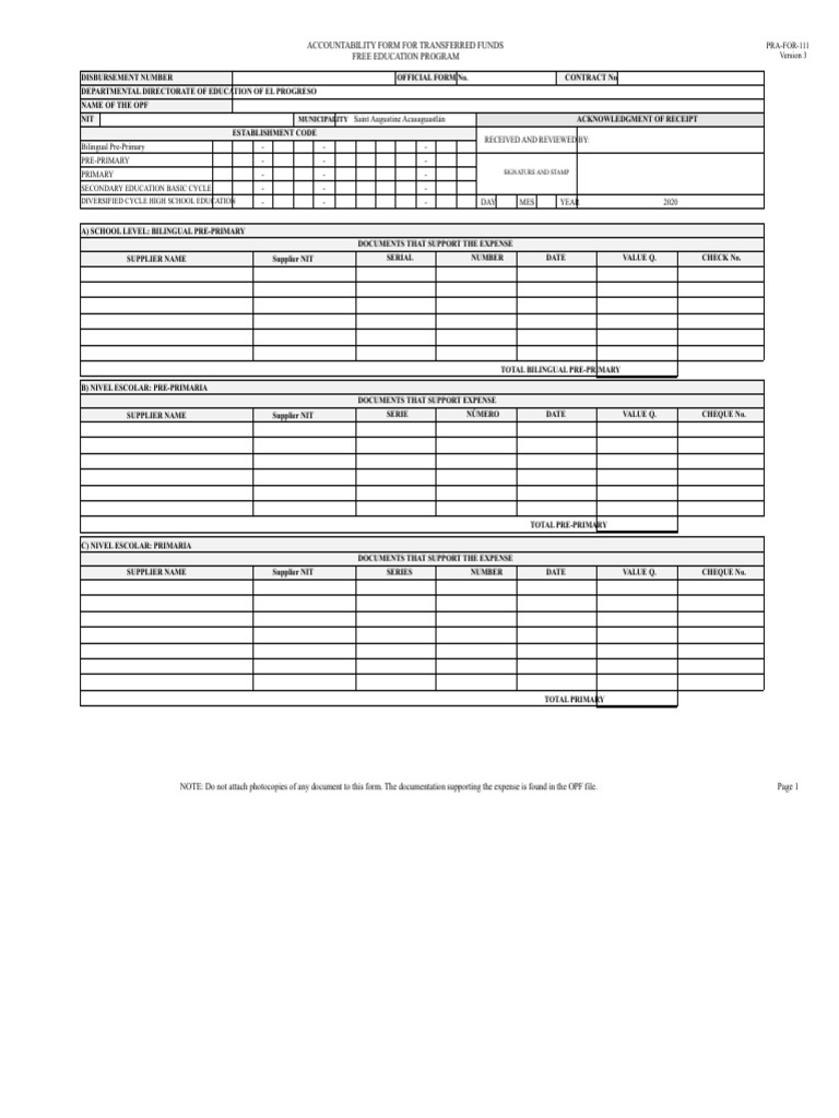 PRA-FOR-111 - Accountability Form For Transferred Funds Education ...