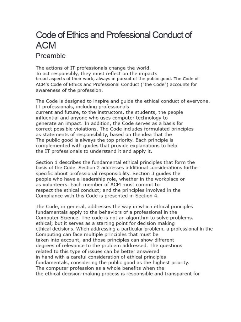 ACM Code of Ethics for IT Professionals | PDF | Computer Security ...