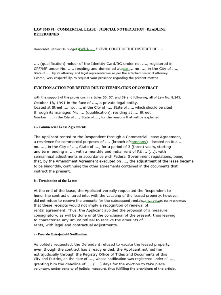 Eviction Action Model Due To Contract Expiration | PDF | Lease | Eviction