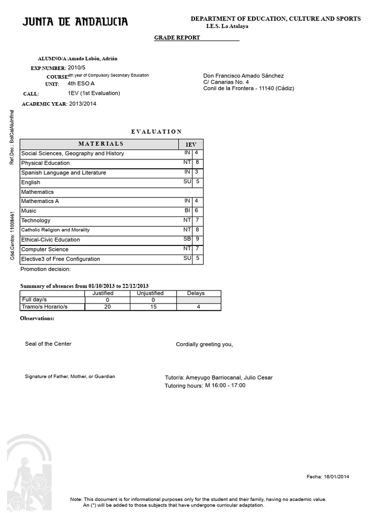 Grade Reports for 4th ESO Students | PDF | Liberal Arts Education | Science