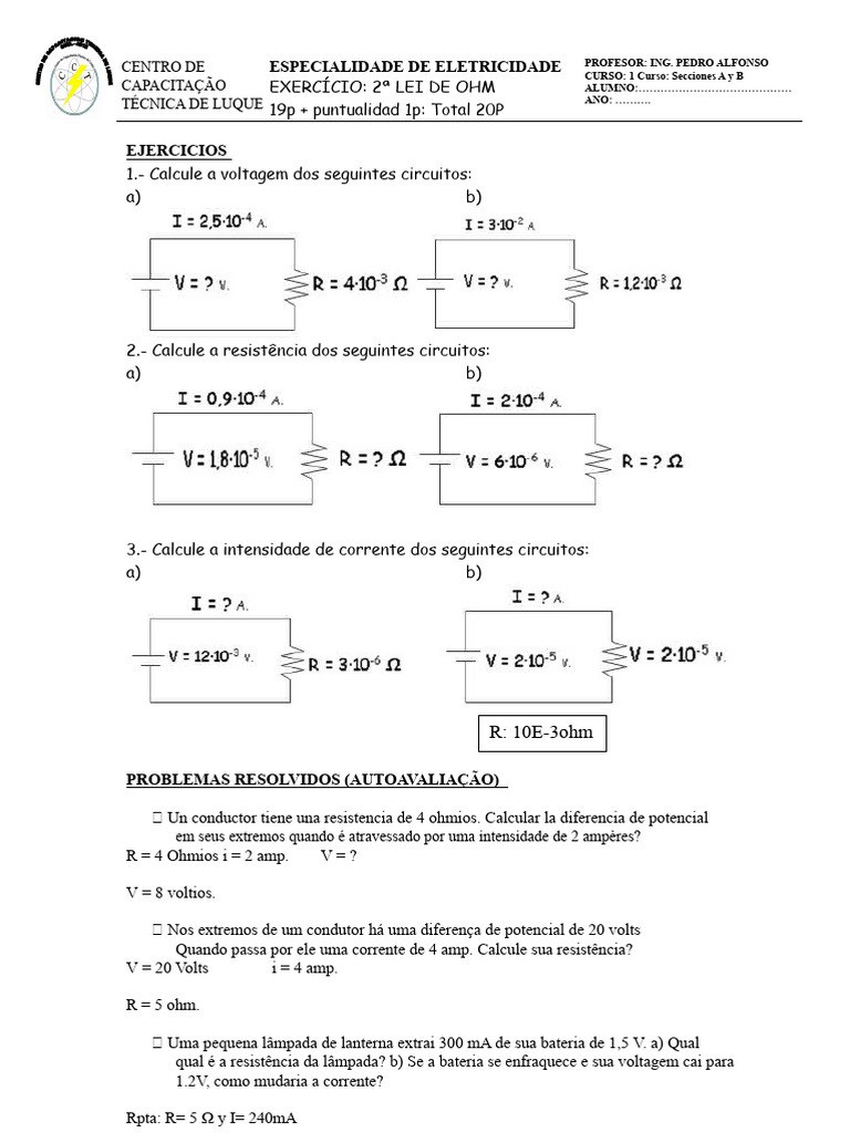 Exercícios da 2ª Lei de Ohm | PDF | Resistência elétrica e ...