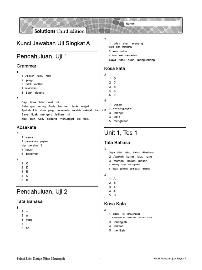 Sol3e Int Short Test Answer Keys A PDF | PDF