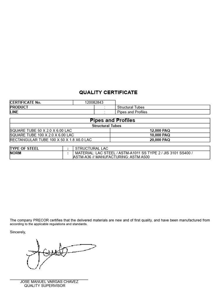 Structural Steel Quality Certificate | PDF