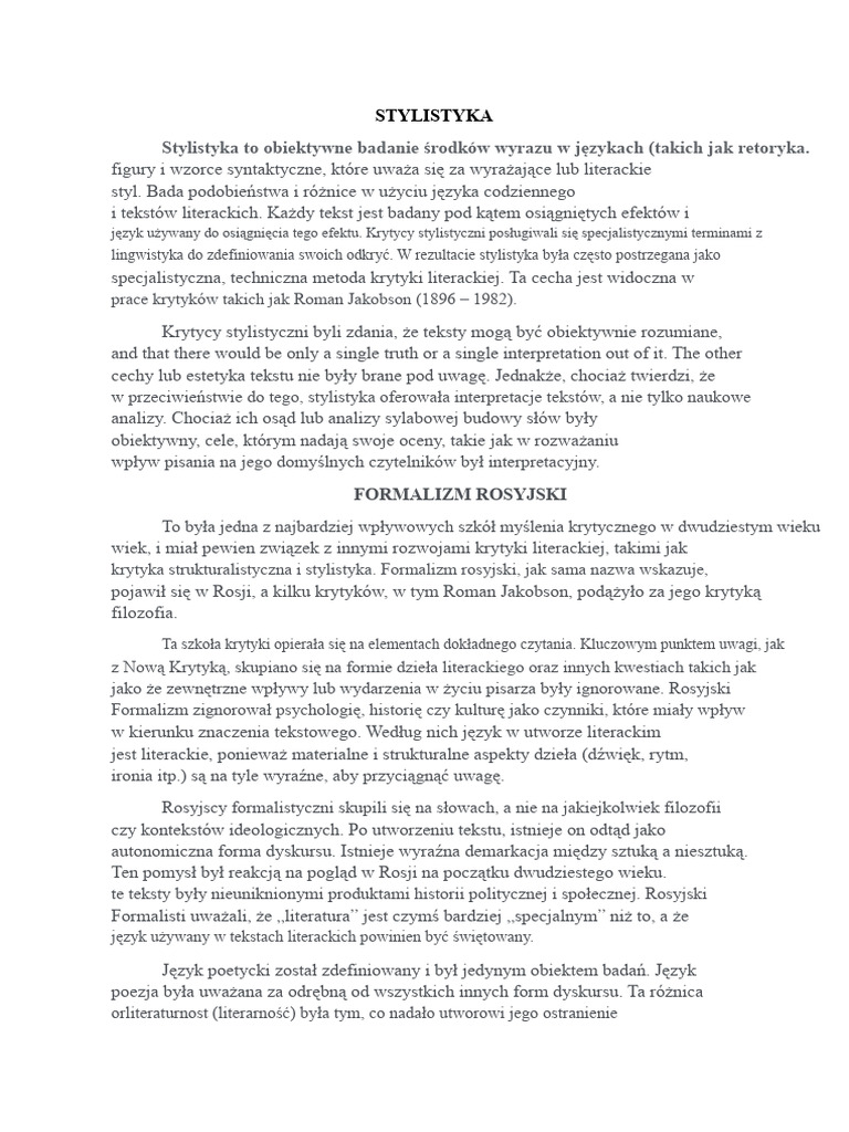 STYLISTYKA, Rosyjski Formalizm | PDF