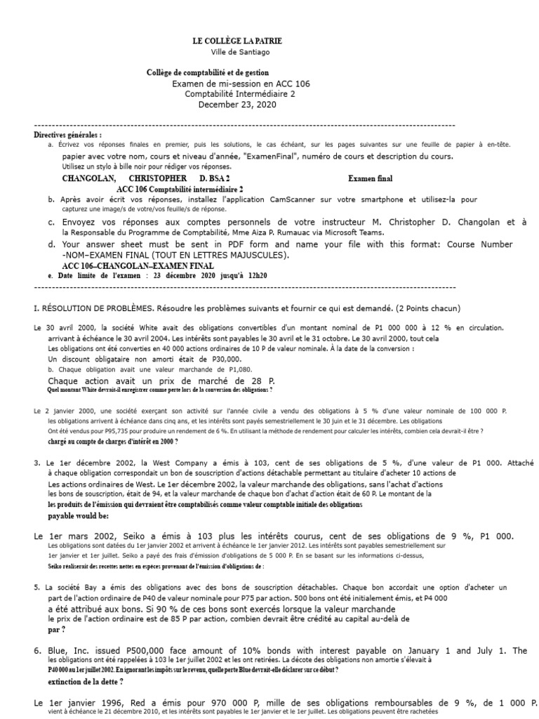 Examen ACC 106 : Comptabilité Intermédiaire 2 | PDF | Action (Finance ...