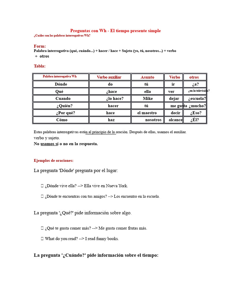 Preguntas WH en Presente Simple | PDF | Asunto (gramática) | Verbo