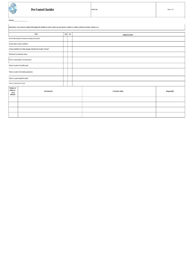 Pest Control Inspection Checklist | PDF