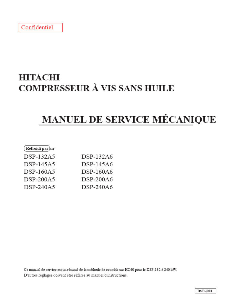 Manuel de service compresseur Hitachi DSP | PDF | Soupape | Équipement