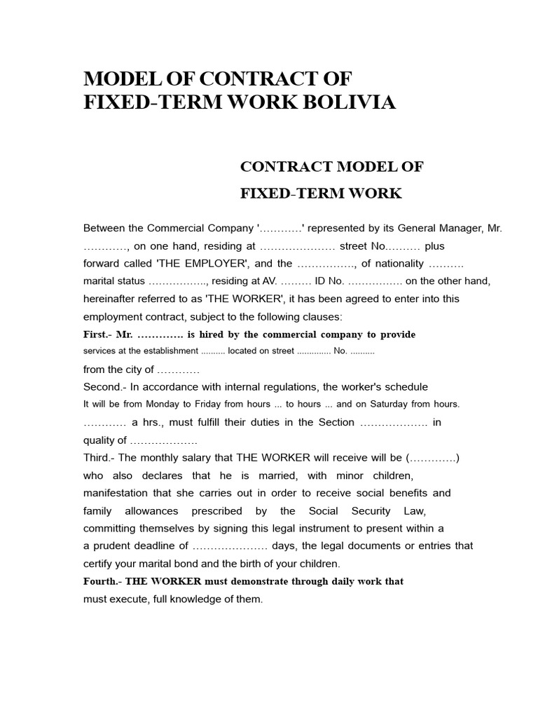 Fixed-Term Employment Contract Bolivia | PDF | Employment | Business