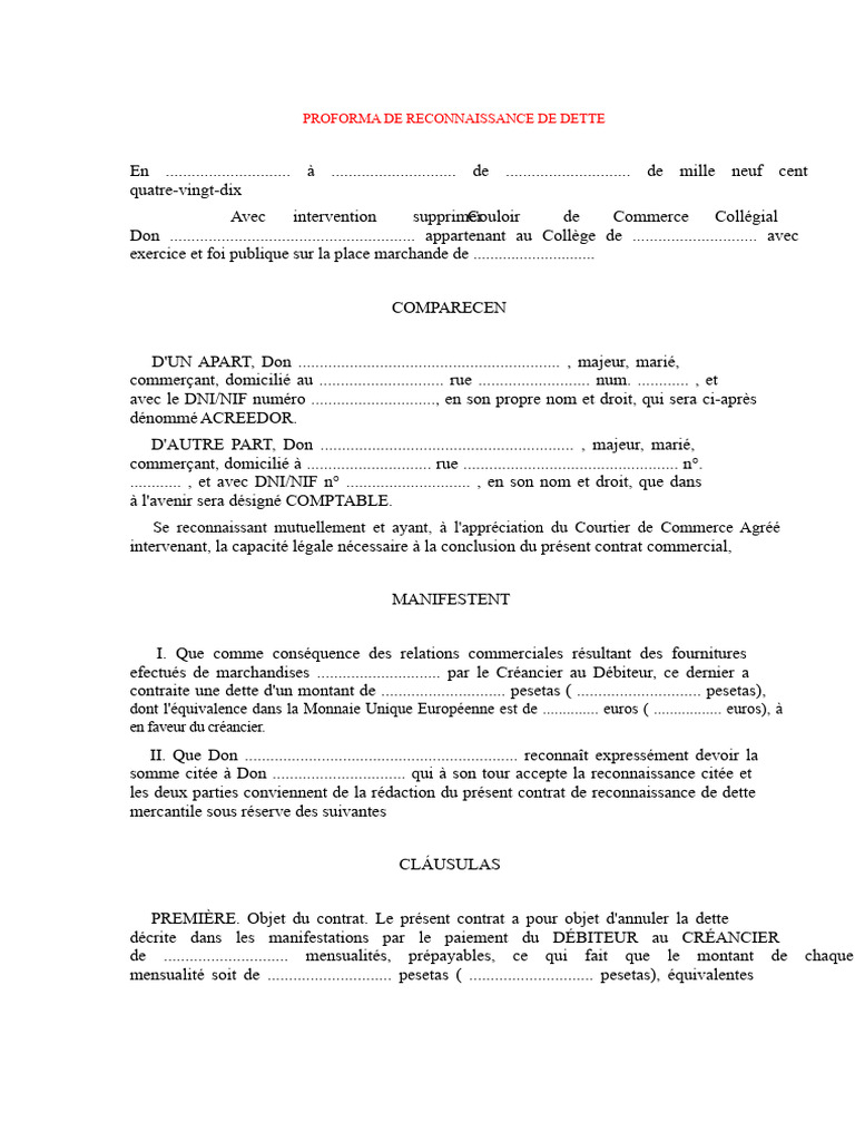 Contrat de Reconnaissance de Dette | PDF | Débiteur | Dettes