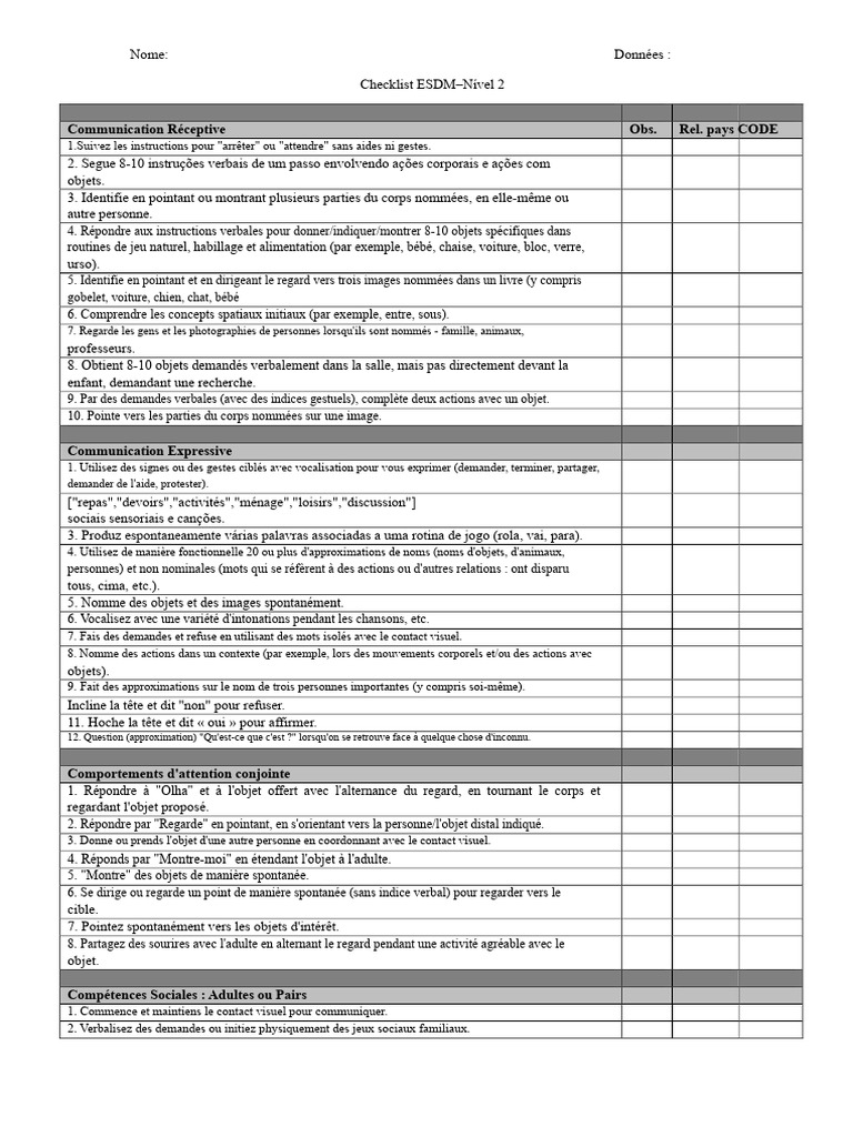 Checklist ESDM Nível 2 : Compétences clés | PDF