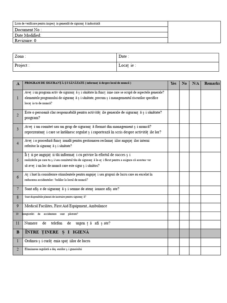 Model Format General Safety Industrial Inspecție Checklist | PDF