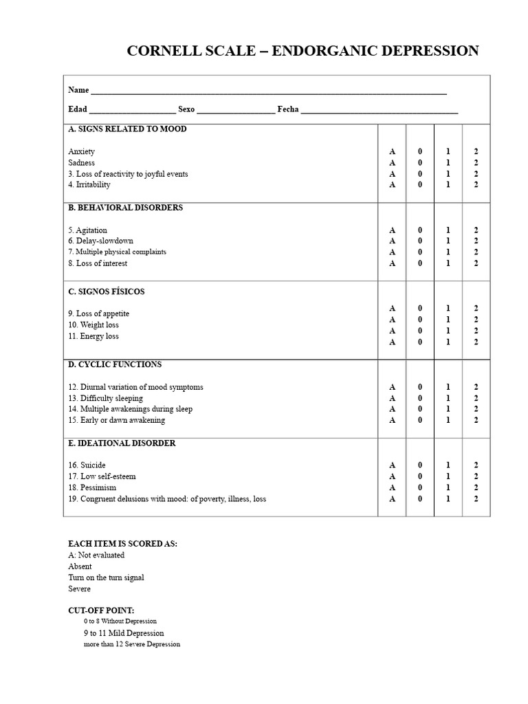 Cornell Scale for Endorganic Depression | PDF | Major Depressive ...