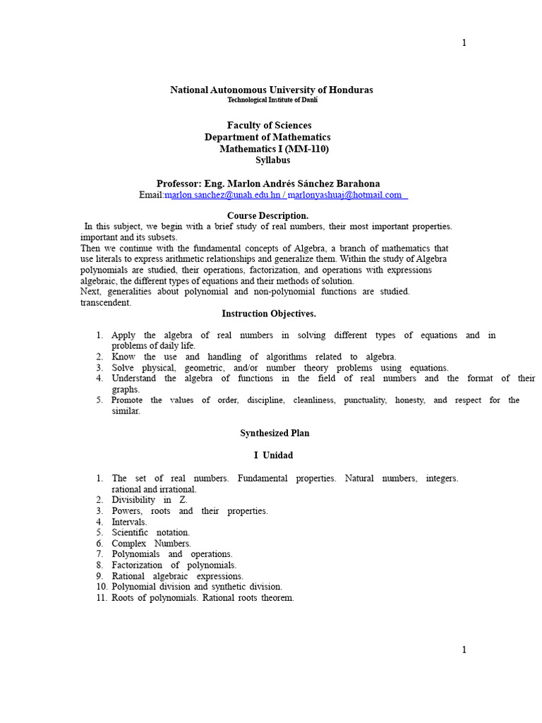 Mathematics I Syllabus - UNAH | PDF | Algebra | Polynomial
