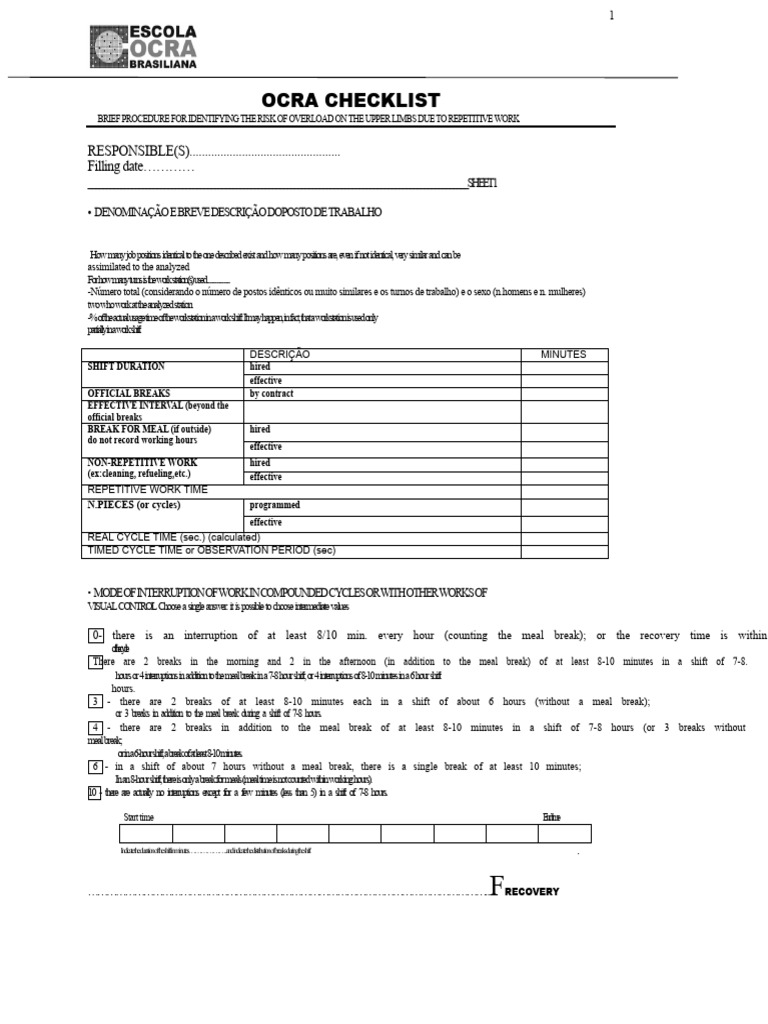 OCRA Checklist for Workstation Analysis | PDF | Hand | Anatomical Terms ...