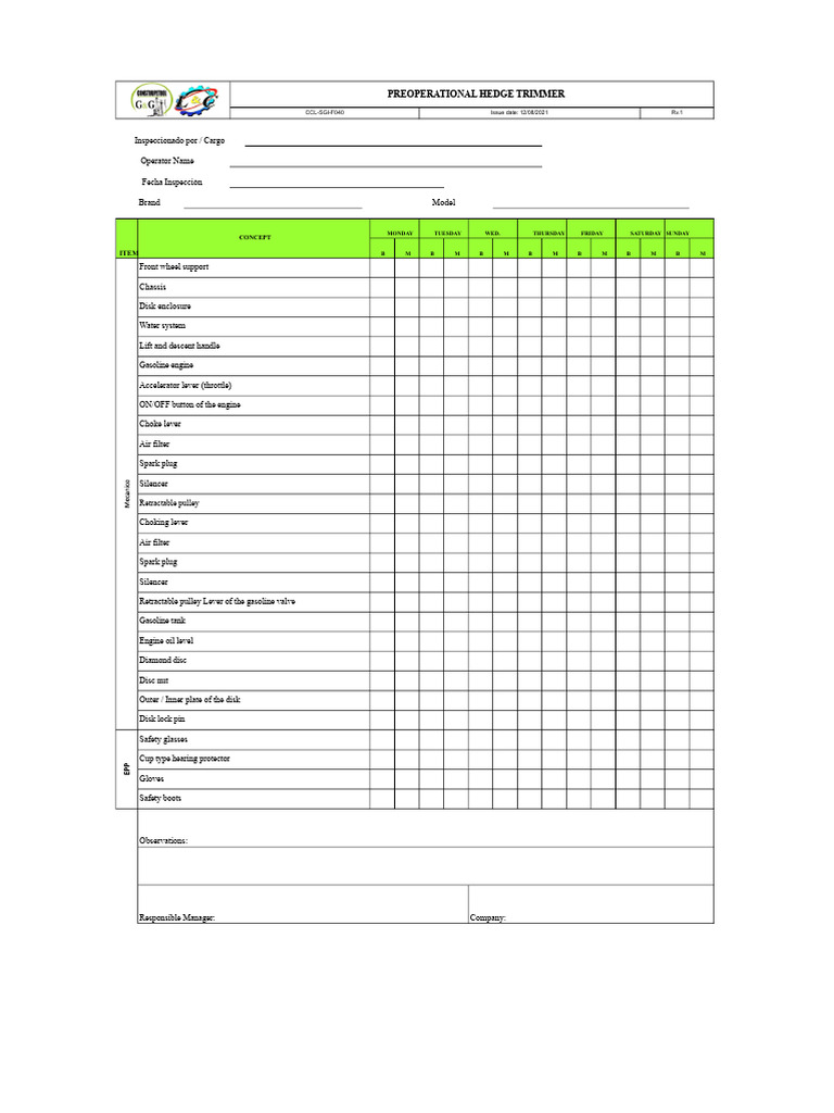 Preoperational Checklist for Hedge Trimmer | PDF