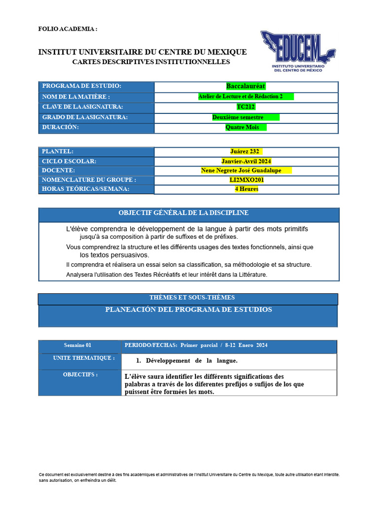 Programme d'Atelier de Lecture 2 | PDF