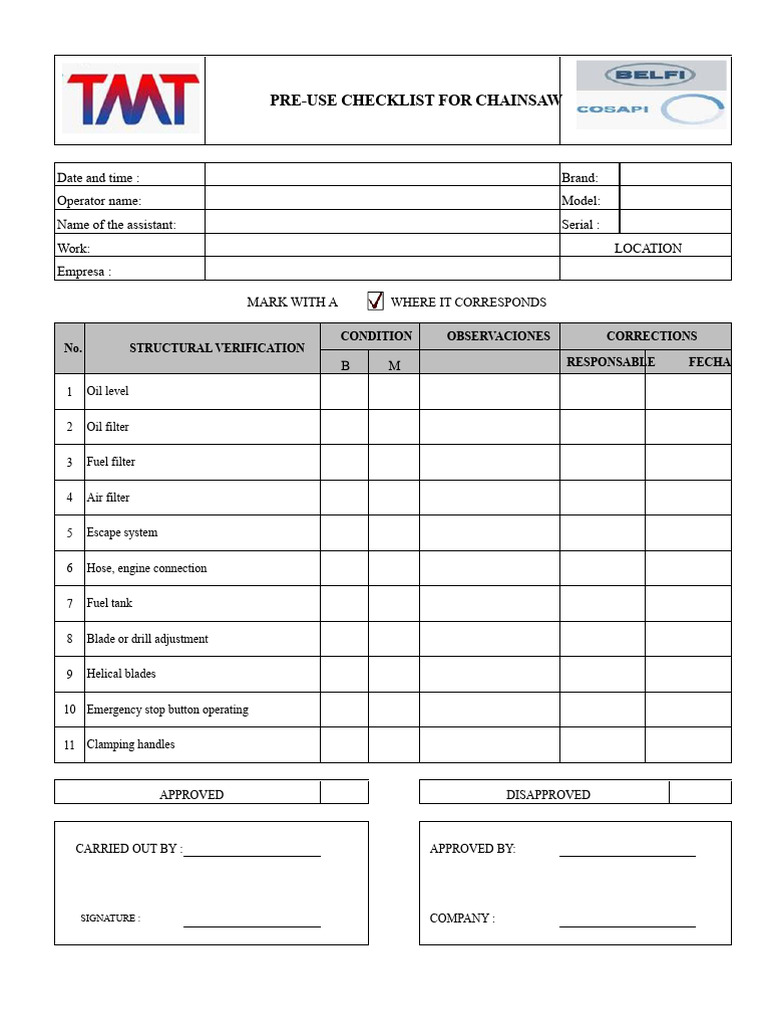 Chainsaw Pre-Use Safety Checklist | PDF