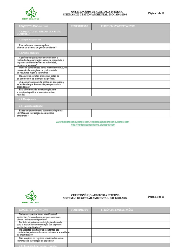 Questionário de Auditoria ISO 14001:2004 | PDF | Auditoria interna ...
