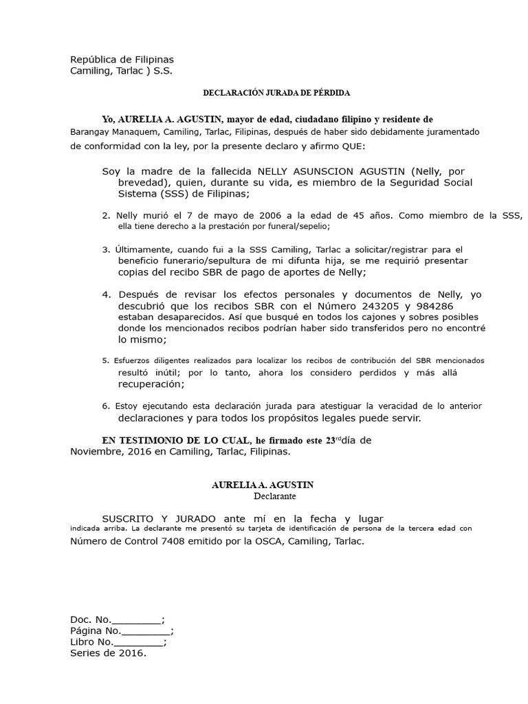 Declaración Jurada de Pérdida en Filipinas | PDF