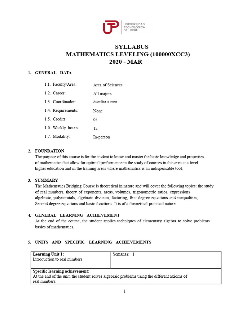 Mathematics Leveling Course Syllabus | PDF | Factorization | Polynomial