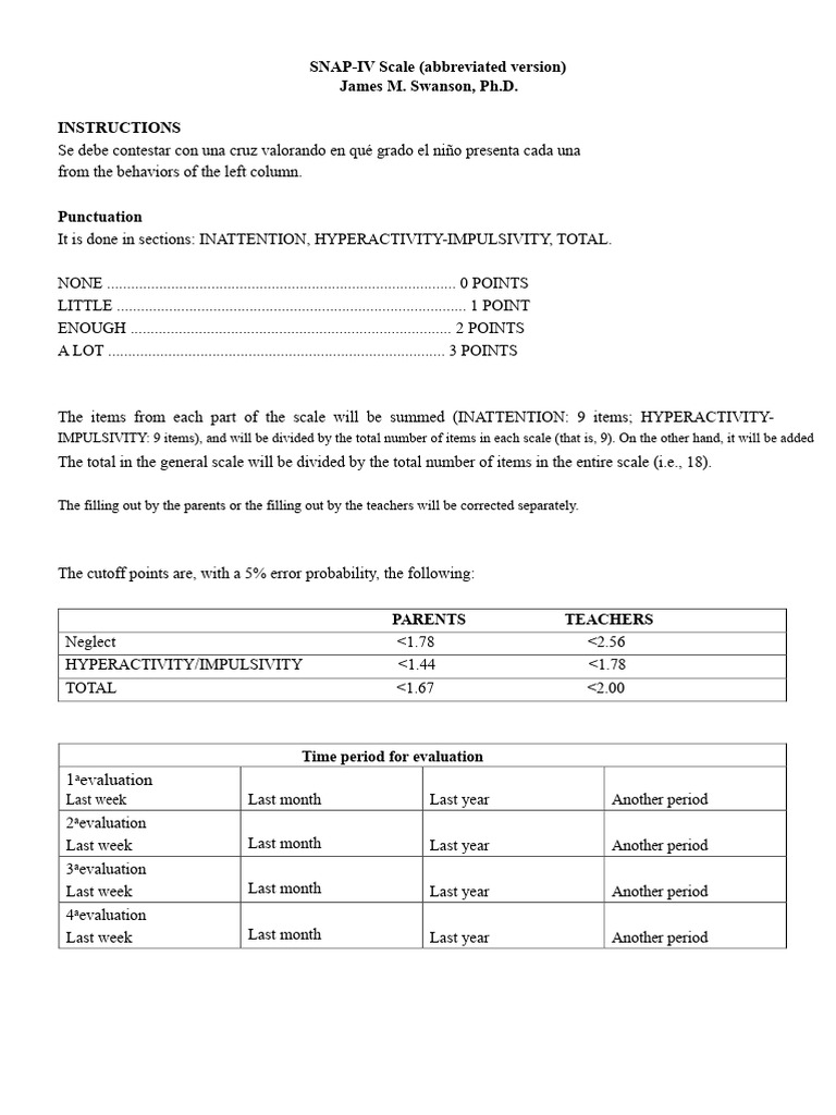 SNAP-IV ADHD Assessment Tool | PDF | Behavioural Sciences | Psychology