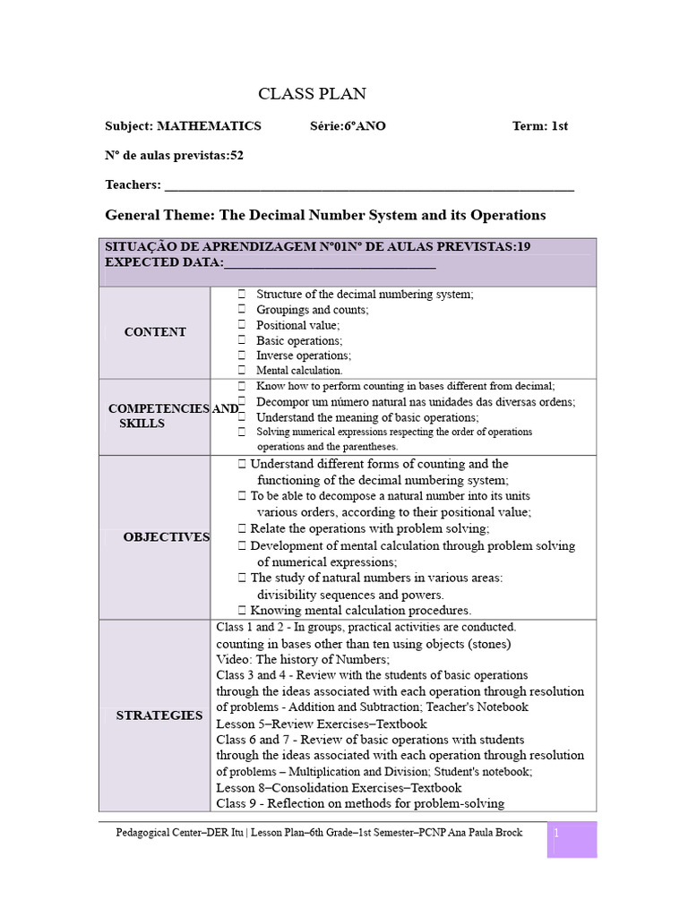 Lesson Plan - 6th Grade - 1st Semester | PDF | Numbers | Decimal
